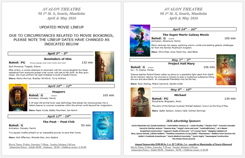 Updated Movie Lineup April and May 2026